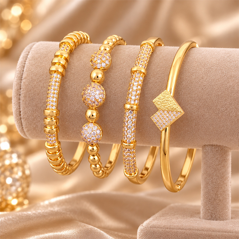 Women's Modern 4pc Stackable Bangle Set, Geometric Design